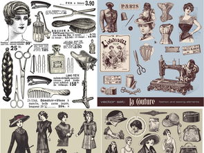 欧美复古vintage线描贵妇绅士化妆裁缝时装鞋帽生活用品矢量设计素材